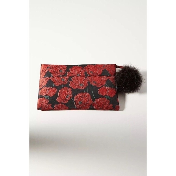NWT!! Anthropologie MONSERAT DE LUCCA Floral Poppy Envelope Clutch Fur Pom Pom - Picture 3 of 11